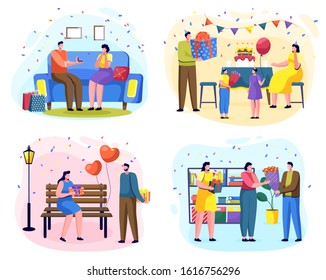 Gift giving tradition on special occasions. People celebrating birthday and anniversary by making gifts. Family celebration of daughters day. Romantic couple exchanging gifts in park. Vector woman day