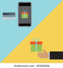 Gift giving via mobile with credit card and hand receiving gift box. modern celebration concept. flat style vector.