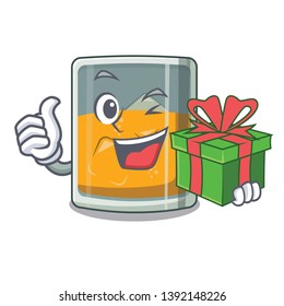 With gift glass of cartoon whiskey above table