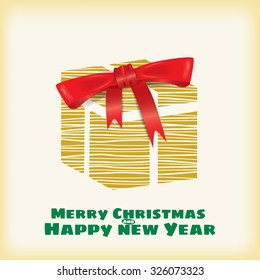 Gift gold box, Christmas, red bow, New Year, vector, banner, illustration