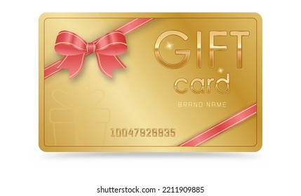 A gift gold card with a red ribbon and a bow. An incentive gift. Loyalty or discount card. Vector for websites, applications, business and thematic design