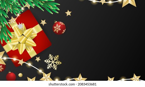 Gift with golden bow, for tree branches, pine cones and shiny stars on black background, Flat Modern design, illustration Vector EPS 10