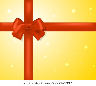 Gift golden vector background with red satin bow tie, celebration, birthday, festival, party greeting design template