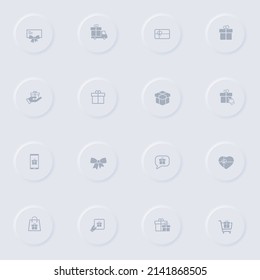 iconos vectoriales grises de regalo en botones de goma redondos. conjunto de iconos de regalo para web, aplicaciones móviles, diseño de ui y poligrafía de negocio de promoción