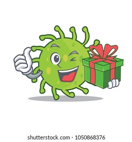 With gift green bacteria mascot cartoon