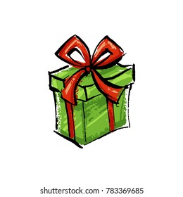 A gift in a green box with a red ribbon.