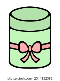 Gift in a green cylindrical box. Surprise in a rounded package, tied in the middle with a pink ribbon with a bow. Color vector illustration. Isolated background. 