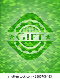 Gift green emblem with triangle mosaic background. Vector Illustration. Detailed.
