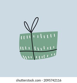 Regalo. Regalo verde de estilo plano. Doodle, ilustración hecha a mano. Clipart. El objeto está aislado.