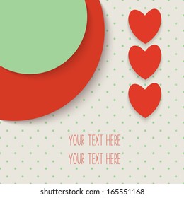 Gift or greeting card decorated with red paper hearts. Vector illustration.  EPS10 