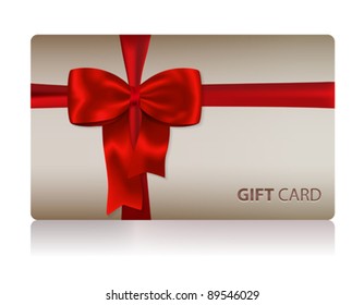 Gift and greeting card with red bow and red ribbon for celebrations and holidays. Vector illustration