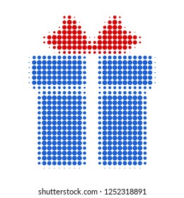 Gift halftone dotted icon. Halftone pattern contains circle pixels. Vector illustration of gift icon on a white background.