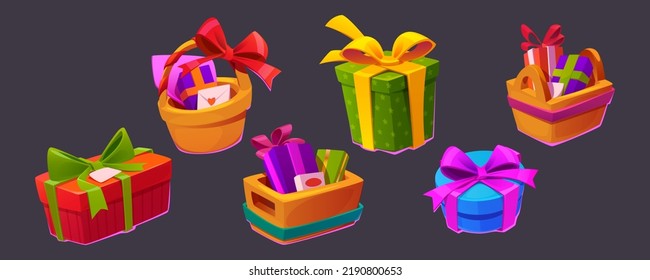 Gift hampers, boxes and baskets with envelopes, chocolate and wrapped presents for valentines, birthday, anniversary of boxing day celebration. Isolated kits for couples, Cartoon vector illustration