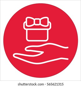 gift in hand arm giving line icon white on red circle