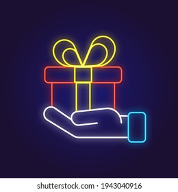 Gift with hand color neon icon. Open present. Surprise in box. Celebrate birthday. Give away. Thin line customizable illustration. Contour symbol. Vector isolated outline drawing.