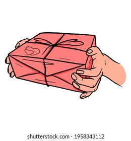 Gift in hand. A gift in a festive package. Cartoon style. Vector illustration for design and decoration.