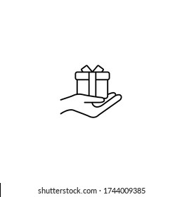Gift in hand, hand holding gift box simple thin line icon vector illustration