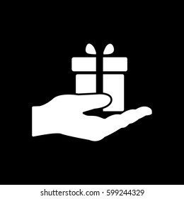 Gift in hand icon. Birthday, present, surprise symbol. Flat design. Stock - Vector illustration
