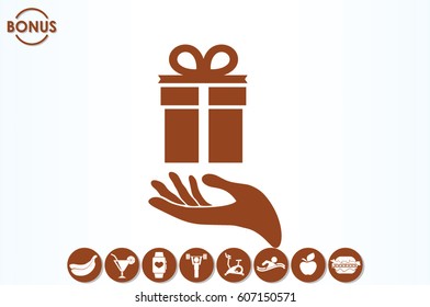 gift and hand icon vector illustration eps10. Isolated badge flat design for website or app - stock graphics