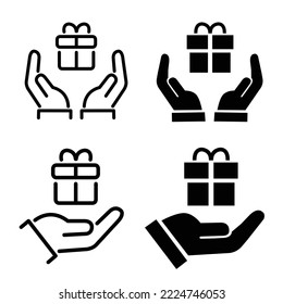 Gift in hand icons set. Hands holding gift box with ribbon icon. Surprise icon. New year, birthday and Christmas. Gift box with ribbon flat and line style - stock vector. 