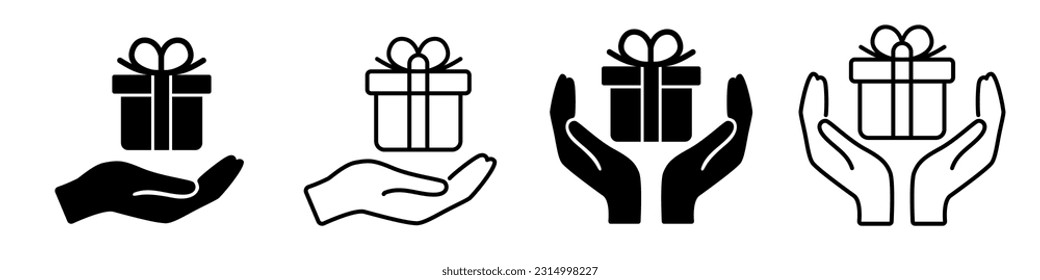 Gift in hand icons set. Hands holding gift box with ribbon icon. gift Box with ribbon vector icons. New year, birthday and Christmas. Vector EPS 10