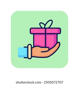 Icono de línea de regalo en mano. Donación, regalo de cumpleaños, sorpresa. Concepto de Navidad. La Ilustración vectorial se puede utilizar para temas como vacaciones, celebración, fiesta