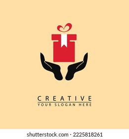 gift and hand logo icon. combination hand and gift box. simple flat vector design. suitable for Christmas celebrations, for children, education, etc.