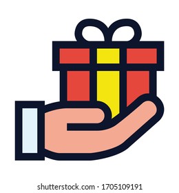 Regalo en mano. Icono de color del vector simple.