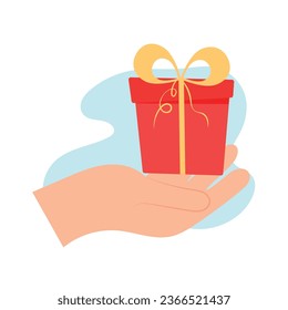 Gift in hand. Vector cartoon arm holding gesture. Christmas present. Cartoon illustration of giving a present for social media