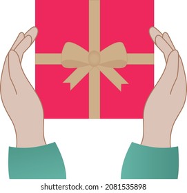 Gift in the hands. Red box with ribbon and bow