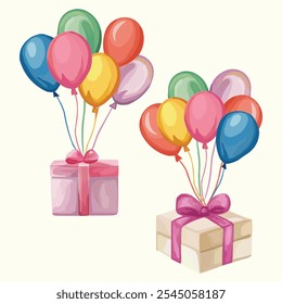 Gift hanging from colorful balloons for birthday celebration greeting card.