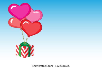 Gift hanging with the heart shape balloons on the sky background. ( vector )