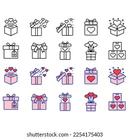 Gift heart related vector icon set. Editable vector illustration with black outline and flat colors. suitable for symbols, templates and other design purposes.