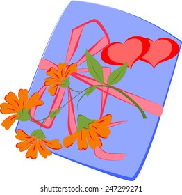 Gift with hearts and flowers. Vector illustration.