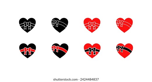 Gift hearts icons. Flat, red, set of hearts with a bow, gift design. Vector icons