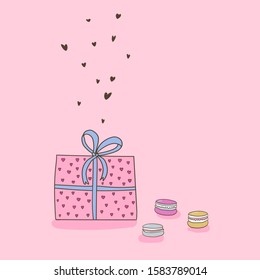 Gift with hearts and macaroons on a pink background.