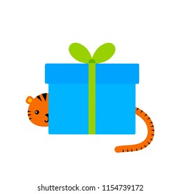 a gift with a hiding tiger; tiger's face and tail; vector icon,  graphic symbol isolated on white.