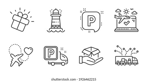 Gift, Hold box and Parking line icons set. Honeymoon travel, Lighthouse and Truck delivery signs. Airplane travel, Truck parking symbols. Marketing box, Delivery parcel, Auto park. Vector