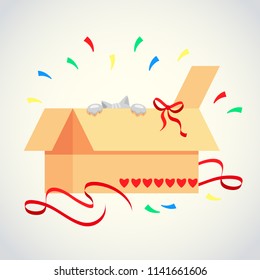 A gift for a holiday. Birthday. Cat as a gift. Surprise and great joy. Flat cartoon style design.EPS 10