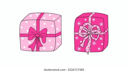 Gift holiday box with a bow, set. A gift in a bright beautiful package. Boxing Day. Cute doodle illustration, drawing on a white isolated background.	