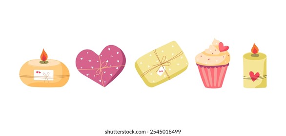 Gift holiday box, hearts. Burning candles, gifts, cupcake. Vector illustration on isolated background. Wax cozy candle with flame, fire. Valentine's Day. 