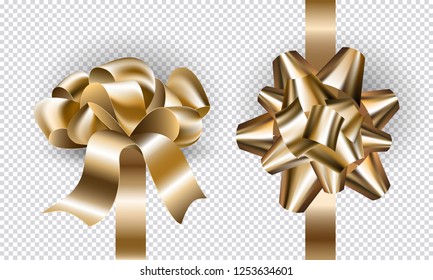 Gift holiday new year bows and ribbons set for design. Realistic golden bow mock up top and side view with shadows isolated on transparent background. Vector illustration.