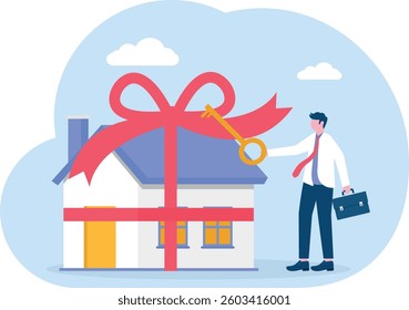 Gift home. Man holding a white paper house as a gift wrapped with ribbon and bow. Vector illustration flat design. Isolated on background. Surprise estate.