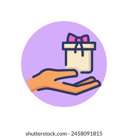 Gift in human hand line icon. Shop customer holding present box outline sign. Sale, discount, bonus concept. Vector illustration for web design and apps