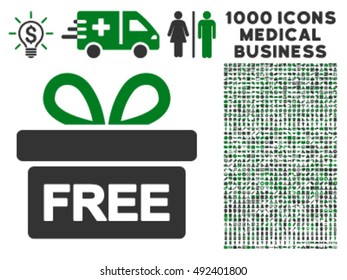 Gift icon with 1000 medical business green and gray vector pictograms. Set style is flat bicolor symbols, white background.