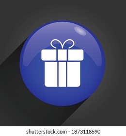 Icono de regalo en botón brillante azul aislado en fondo negro. Icono realista.