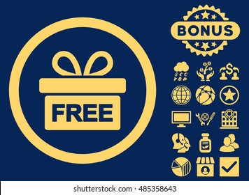 Gift icon with bonus pictogram. Vector illustration style is flat iconic symbols, yellow color, blue background.