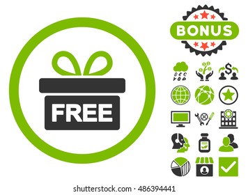 Gift icon with bonus pictogram. Vector illustration style is flat iconic bicolor symbols, eco green and gray colors, white background.