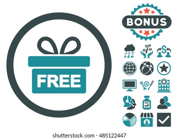 Gift icon with bonus pictures. Vector illustration style is flat iconic bicolor symbols, soft blue colors, white background.