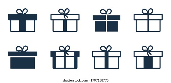 Gift icon. Box of present with bow. Outline package for birthday, christmas. Wrapped parcel with ribbon in line style for surprise. Symbol of giftbox for holiday, xmas decoration, shopping. Vector.